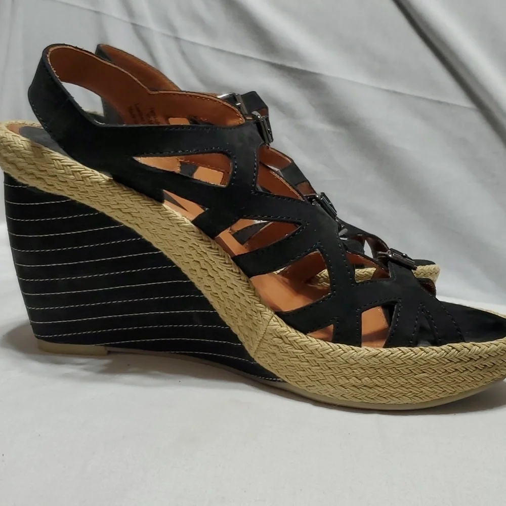 L'Amour Des Pieds ignacis black leather strappy wedge espadrille sandals